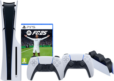 PlayStation 5 Slim Disc Edition + FC 25 + Extra Controller Wit + Oplaadstation is nooit meer leverbaar