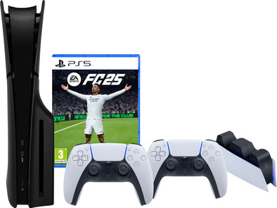 PS5 Slim Disc Edition + FC 25 + Covers Zwart + Extra Controller Wit + Oplaadstation is nooit meer leverbaar