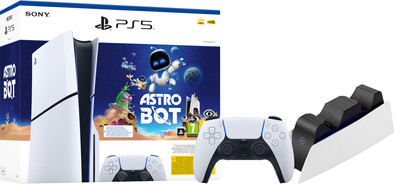 PlayStation 5 Slim Disc Edition + Astro Bot + Extra Controller Wit + Oplaadstation is nooit meer leverbaar