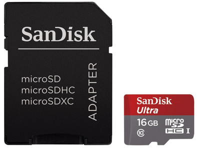 SanDisk microSDHC Ultra 16 GB Class 10 + SD Adapter is nooit meer leverbaar