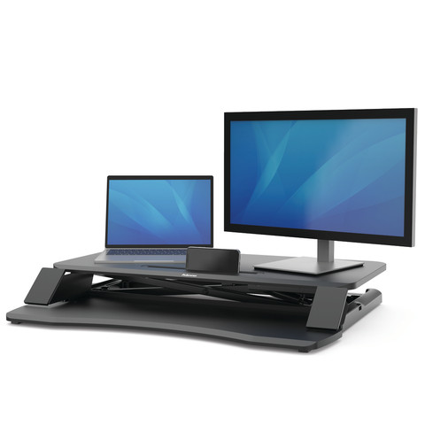 Fellowes Sit-Stand Workstation Black product in use