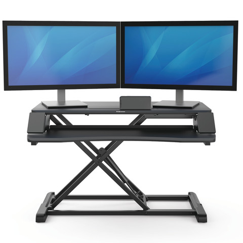 Fellowes Sit-Stand Workstation Black product in use