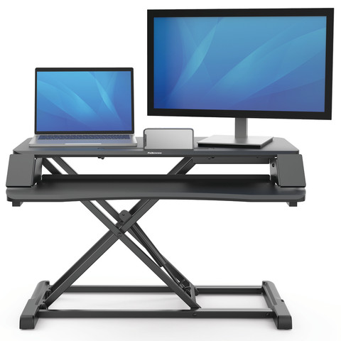 Fellowes Sit-Stand Workstation Black product in use