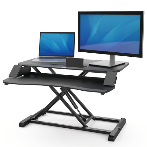 Fellowes Sit-Stand Workstation Black product in use