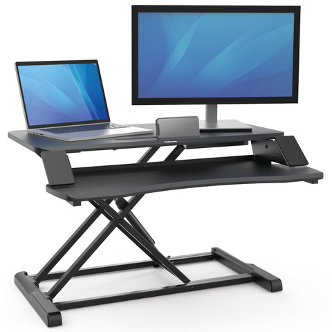 Fellowes Sit-Stand Workstation Black product in use