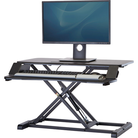 Fellowes Sit-Stand Workstation Black product in use