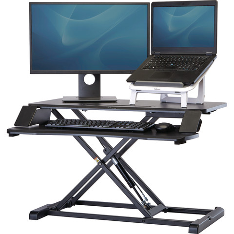 Fellowes Sit-Stand Workstation Black product in use