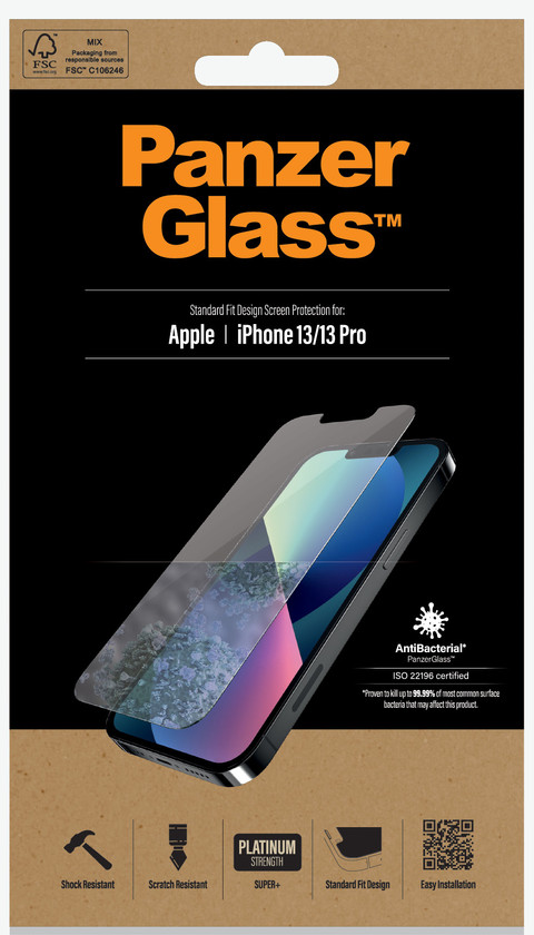 PanzerGlass Apple iPhone 14 / 13 / 13 Pro Antibacterial Screen Protector Glass packaging