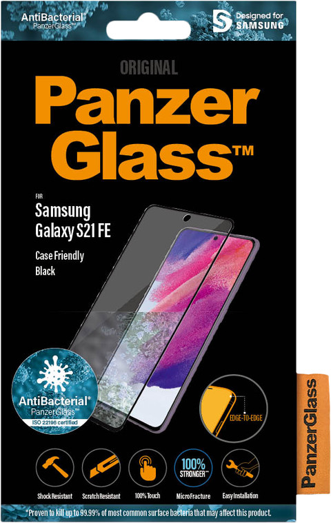 PanzerGlass Samsung Galaxy S21 FE Antibacteriële Screenprotector Glas Zwart verpakking