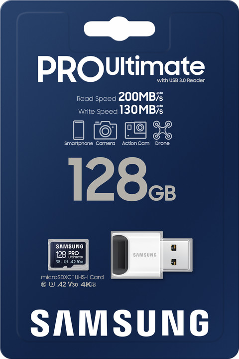 Samsung PRO Ultimate 128 GB (2023) microSDXC + USB lezer verpakking