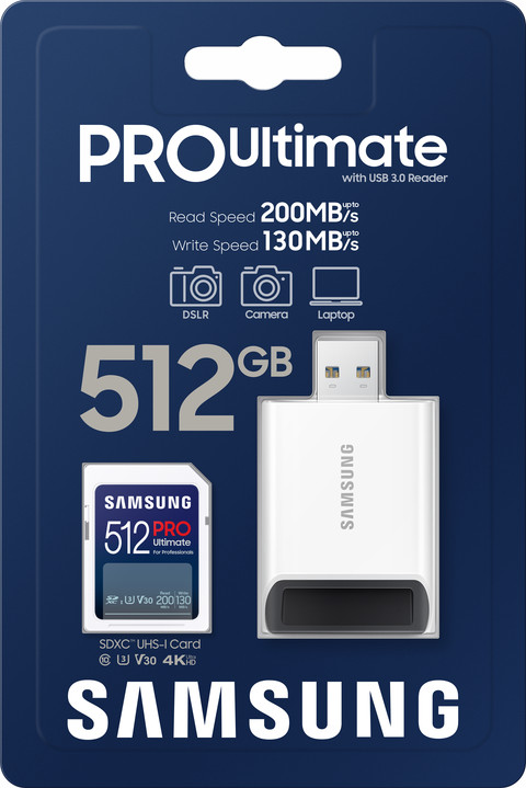 Samsung PRO Ultimate 512 GB (2023) SDXC + USB lezer verpakking