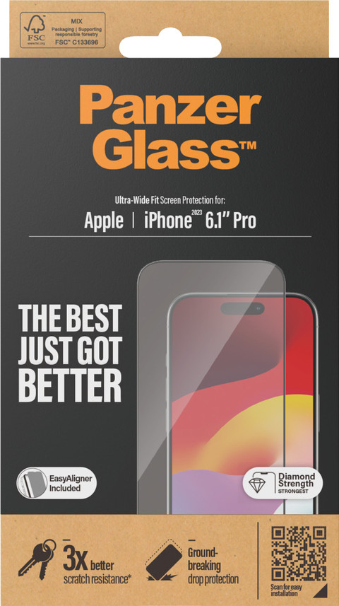 PanzerGlass Ultra-Wide Fit Apple iPhone 15 Pro Screenprotector Glas Zwart verpakking