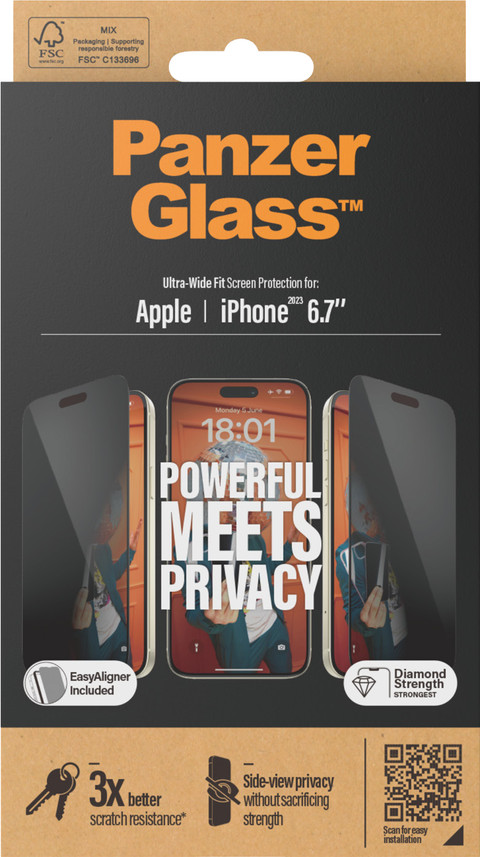 PanzerGlass Ultra-Wide Fit Apple iPhone 15 Plus Privacy Screenprotector Glas verpakking