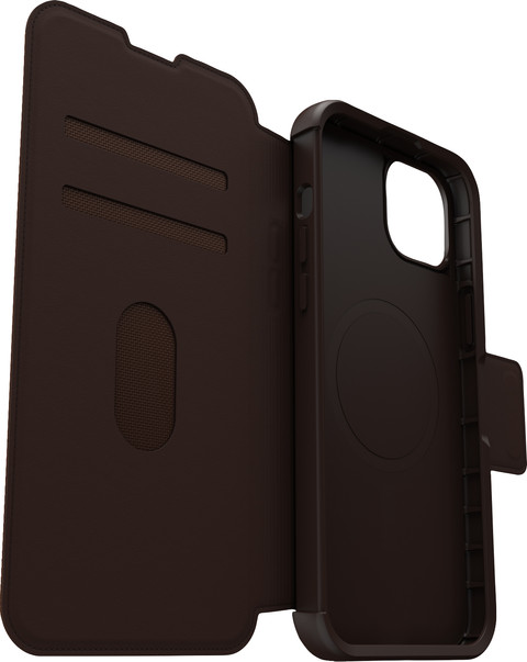 Otterbox Strada Apple iPhone 15 Plus Book Case Leather Brown with MagSafe left side