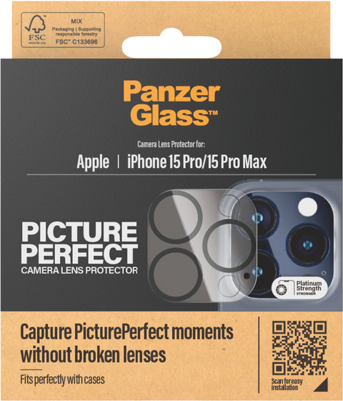 PanzerGlass PicturePerfect Apple iPhone 15 Pro/15 Pro Max Camera Protector Glas verpakking