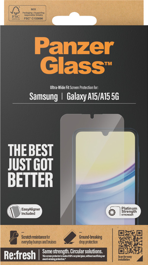 PanzerGlass Ultra-Wide Fit Samsung Galaxy A15 4G/5G Screenprotector Glas verpakking