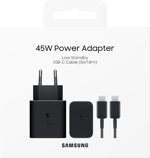 Samsung Super Fast Charging Oplader 45W Zwart + Usb C Kabel 1,8m Zwart Kunststof verpakking