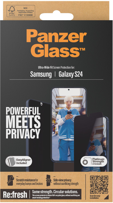 PanzerGlass Ultra-Wide Fit Samsung Galaxy S24 Privacy Screenprotector Glas verpakking