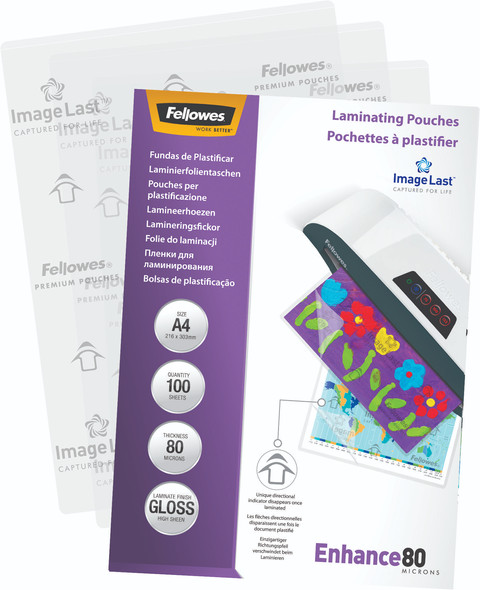 Fellowes Laminating Sheets Enhance 80mic A4 (100 units) packaging