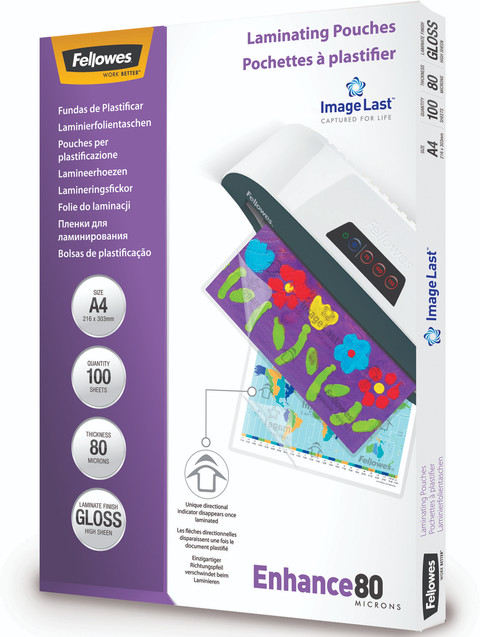 Fellowes Laminating Sheets Enhance 80mic A4 (100 units) packaging