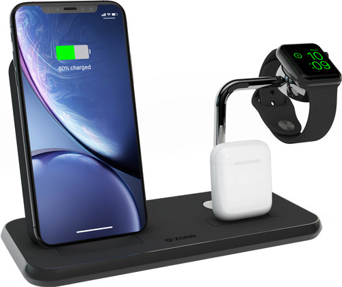 ZENS Draadloze Oplader 10W met Standaard en AirPods Dock + Watch Stand  Zwart - Coolblue - Voor 23.59u, morgen in huis