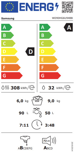Samsung WD90HG6U94BBU3 AI Wash - 9/6 kg energielabel