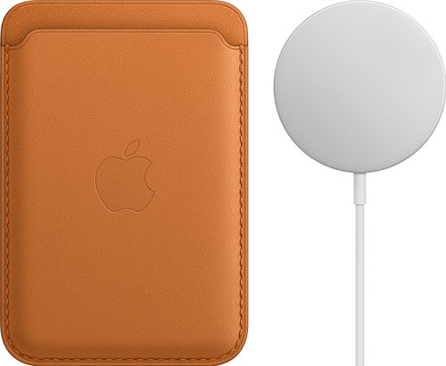 Apple Leren Kaarthouder met MagSafe Goudbruin + MagSafe Draadloze Oplader  15W - Coolblue - Voor 23.59u, morgen in huis