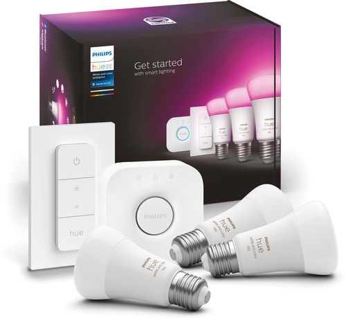 Ga door Betasten dramatisch Philips Hue White & Color Starter Pack E27 met 3 lampen,dimmer + bridge -  Coolblue - Voor 23.59u, morgen in huis