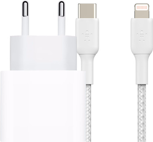 Apple Power Delivery Oplader 20W + Belkin Kabel 1m Nylon - - Voor 23.59u, morgen in