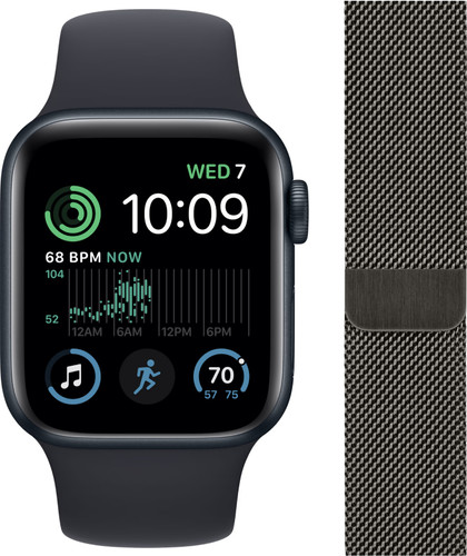 Apple Watch SE (2022) 44mm Midnight Aluminium Sportband + Polsband Milanees Grafiet Main Image