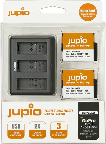 Jupio Kit: Battery GoPro HERO 12/11/10 AHDBT-901 (2x) + Compact USB Triple Charger Main Image