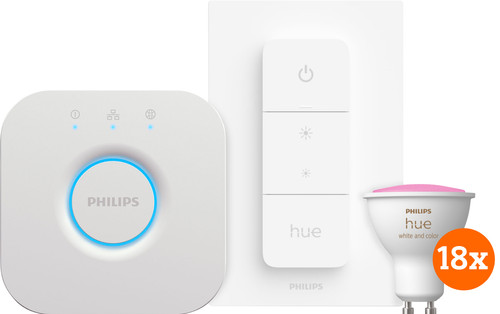 - DE BESTE PHILIPS HUE WHITE AND COLOR STARTER PACK GU10 MET 18 LAMPEN, DIMMER + BRIDGE