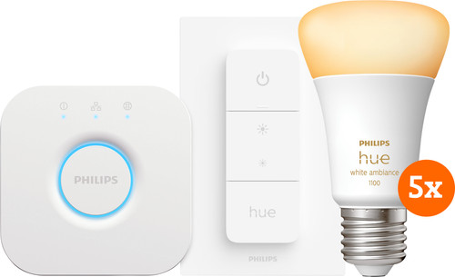 DE BESTE PHILIPS HUE WHITE AMBIANCE E27 5-PACK + DIMMER + BRIDGE