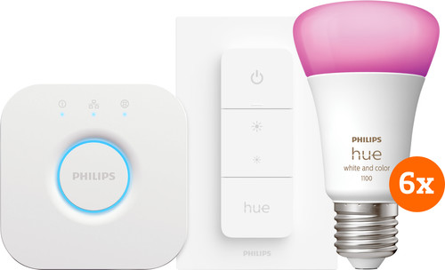 - DE BESTE PHILIPS HUE WHITE AND COLOR STARTER PACK E27 MET 6 LAMPEN, DIMMER + BRIDGE