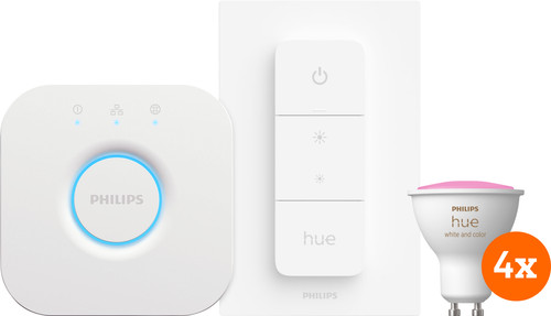 - DE BESTE PHILIPS HUE WHITE AND COLOR STARTER PACK GU10 MET 4 LAMPEN, DIMMER + BRIDGE