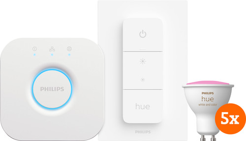 - DE BESTE PHILIPS HUE WHITE EN COLOR STARTER PACK GU10 MET 5 LAMPEN, DIMMER + BRIDGE