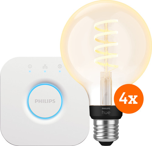 Philips Hue Filament White Ambiance Globe 4-pack + Bridge Main Image