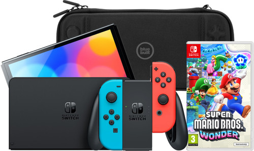 Nintendo Switch OLED Rood/Blauw + Super Mario Bros. Wonder + BlueBuilt Beschermhoes Main Image