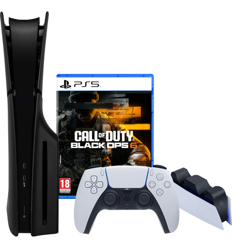 PlayStation 5 Slim Disc Edition + Call of Duty: Black Ops 6 + Covers Black + Charging Dock Main Image