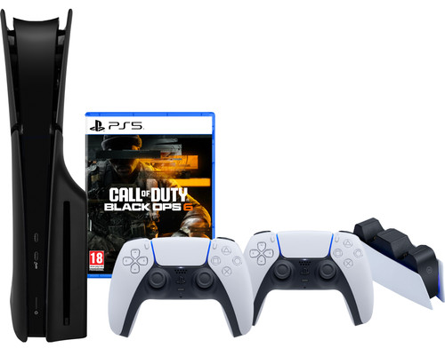 PS5 Slim Disc Edition + Black Ops 6 + Covers Black + Extra Controller White + Charging Dock Main Image