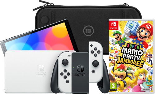 Nintendo Switch OLED Wit + Mario Party Jamboree + BlueBuilt Beschermhoes Main Image