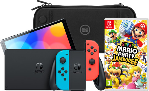 Nintendo Switch OLED Blue/Red + Mario Party Jamboree + BlueBuilt Travel Case Main Image