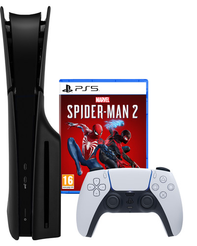 PlayStation 5 Slim Disc Edition + Spider-Man 2 + Covers Zwart Main Image