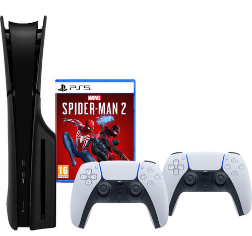 PlayStation 5 Slim Disc Edition + Spider-Man 2 + Covers Zwart + Extra Controller Wit Main Image