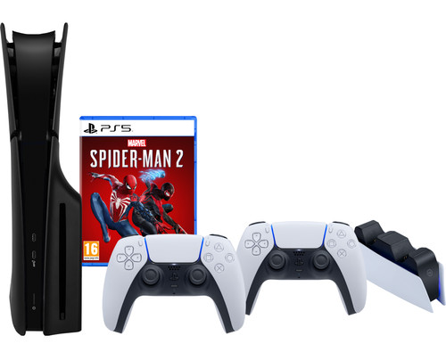 PS5 Slim Disc Edition + Spider-Man 2 + Covers Zwart + Extra Controller + Oplaadstation Main Image