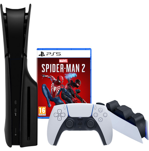 PlayStation 5 Slim Disc Edition + Spider-Man 2 +  Covers Zwart + Oplaadstation Main Image