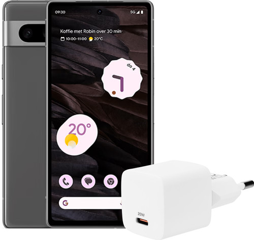 Google Pixel 7A 128GB Zwart 5G + BlueBuilt Oplader met Usb C Poort 20 Watt Wit Main Image