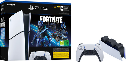 PS5 Slim Digital Edition + Fortnite Voucher + Extra Controller White + Charging Dock Main Image