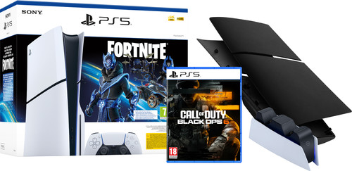 PS5 Slim Disc Edition + Fortnite Voucher + Black Ops 6 + Covers Zwart + Oplaadstation Main Image