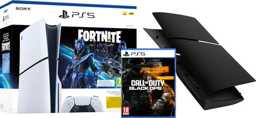 PlayStation 5 Slim Disc Edition + Fortnite Voucher + Black Ops 6 + Covers Zwart Main Image